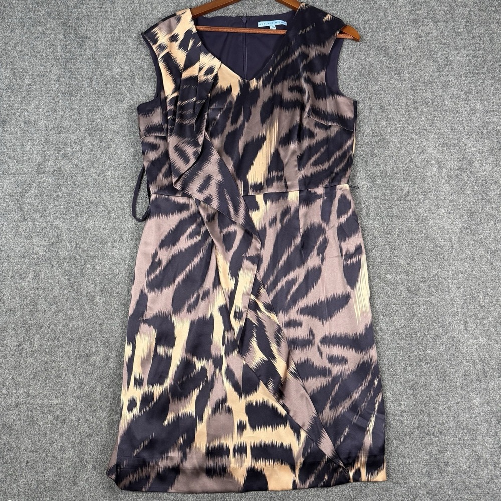 Antonio Melani Womens 12 Animal Ikat Print Sheath Dress Ruffle Drape Cocktail